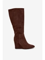 Zateplené dámské kozačky na klínu čokoládové Rosina