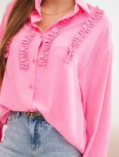 Dámská viskózová košile s dlouhým rukávem a volány světle růžová