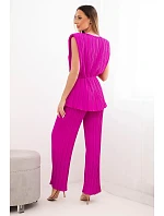 Dámský viskózový plisovaný komplet s halenkou na zavazování a širokými kalhotami tmavě fialový