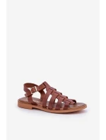 Kožené sandály na plochém podpatku hnědé Zazoo 3686