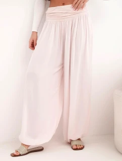 Dámské viskózové kalhoty se širokými nohavicemi a nařasením pudrově růžové
