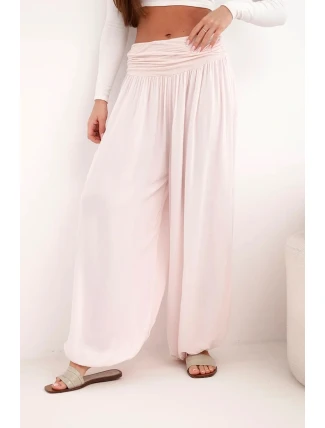 Dámské viskózové kalhoty se širokými nohavicemi a nařasením pudrově růžové