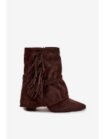 Dámské kotníkové boty na podpatku s třásněmi a zlatými přezkami čokoládové Evelisse