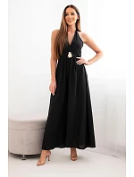 Dámské viskózové maxi šaty vázané na krku s ozdobnou sponou černá