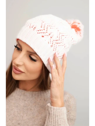 Dámská zimní čepice s vlnou v ozdobném pletení s bambulí K467 bílá + oranžová