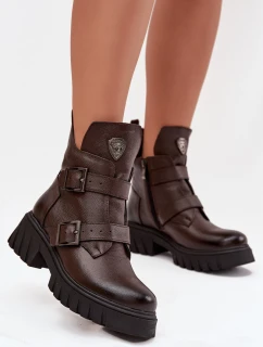 Kožené zateplené dámské boty s přezkami a ozdobným detailem Zazoo 60482 čokoládové