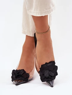 Průhledné Sandály Na Podpatku S Ozdobným Květinou Černé Risalie