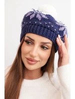 Dámská zimní čepice vlněná s motivem sněhových vloček a bambulí K457 tmavě fialová