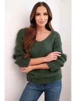 Dámský svetr s podílem vlny a výstřihem do V v barvě khaki
