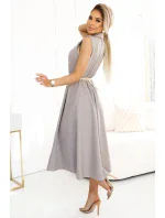 596-2 Elegantní midi košilka se zlatými knoflíky a páskem - GREY BEige 596-2 Elegantní midi košilka se zlatými knoflíky a páskem - GREY BEige