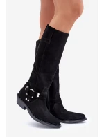 Semišové Kozačky Kovbojky Na Nízkém Podpatku S Dekorací Zazoo 3656 Černé