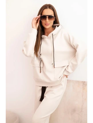 Komplet dámský máslový mikina s kapucí a kalhoty s páskem béžový