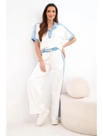 Dámský komplet s polo tričkem a širokými džínovými kalhotami máslový a džínový