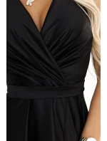 587-2 MONIQUE dlouhé exkluzivní saténové šaty s výstřihem a rozparkem na nohou - BLACK