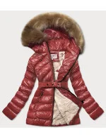 Lesklá zimní bunda ve vínové bordó barvě s mechovitou kožešinovou podšívkou (w674)