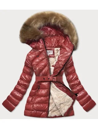 Lesklá zimní bunda ve vínové bordó barvě s mechovitou kožešinovou podšívkou (w674)