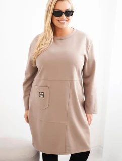 Dámské šaty Plus Size máslové s kapsou a rukávem 3/4 camelový