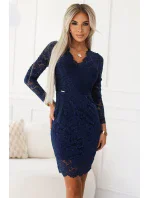 170-15 Krajkové šaty s dlouhými rukávy a výstřihem - tmavě modrá barva
