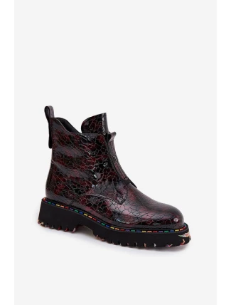 Lakované Dámské Botky Artiker – Bordové, zateplené, přírodní kůže