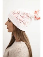 Dámská zimní čepice s vlnou v ozdobném pletení s bambulí K467 bílá + oranžová