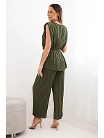 Dámský viskózový plisovaný komplet s vázací halenkou a širokými kalhotami khaki