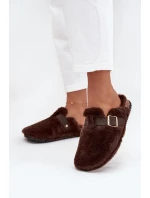 Kožešinové dámské pantofle na platformě s páskem a sponou hnědé Noraline