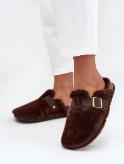 Kožešinové dámské pantofle na platformě s páskem a sponou hnědé Noraline