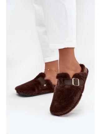 Kožešinové dámské pantofle na platformě s páskem a sponou hnědé Noraline