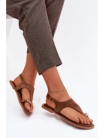 Dámské sandály Ploché S Zlatým Detalem Eko Semiš Hnědé Jelviane