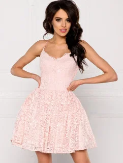 Společenské dámské šaty na ramínka krajkové s kolovou sukní růžové - Růžová / L - Sherri