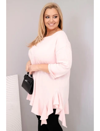 Dámská blůza Plus Size s bavlnou, volánkem a ohrnutým rukávem pudrově růžová