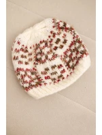 Dámská zimní čepice s barevnou přízí a silným lemem K355 ecru+cervená+camelová