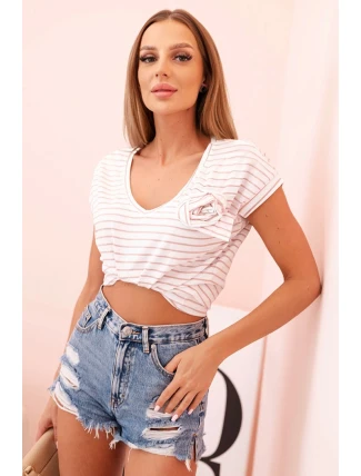 Dámská bavlněná tričko s pruhy a výstřihem do V camelová