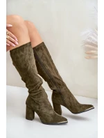 Eko Semišové Kozačky Na Sloupkovém Podpatku Tmavě Zelené Batirae