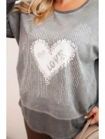 Dámská mikina Plus Size bavlněná s potiskem srdce a šňůrkami grafitová Dámská mikina Plus Size bavlněná s potiskem srdce a šňůrkami grafitová