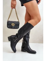 Dámské Kozačky Před Koleno Na Ploché Podpatky S Přezkami Černé Lotina