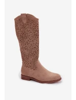 Dámské perforované vysoké kozačky na nízkém podpatku S.Barski HY61-8023 Béžové