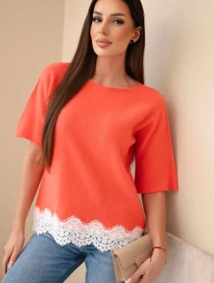 Svetr dámský s krátkým rukávem a krajkou malinový