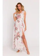 Dámské šifonové šaty M781 model 2 Ecru s květy - MOE Dámské šifonové šaty M781 model 2 Ecru s květy - MOE