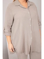 Dámský mušelínový komplet Plus Size s košilí zapínanou na knoflíky a kalhotami se širokými nohavicemi fango