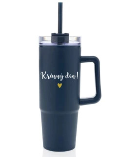 KRÁSNÝ DEN - modrý cestovní termohrnek s průhledným víčkem 900 ml