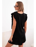 Dámský komplet z viskózy, blůza s volánky a krátké šortky černý