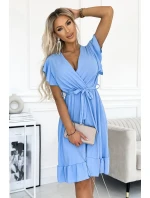455-2 Šaty CORNELIA s volánem, výstřihem a zavazováním - MODRÉ