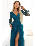 664-2 Dlouhé maxi šaty s tylovými rukávy a obálkovým výstřihem - lahvově zelené