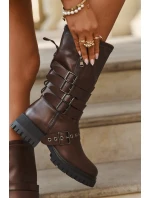 Zateplené dámské kozačky s pásky a přezkami hnědé Ivaline