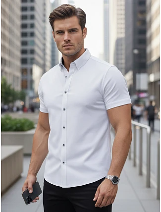 Pánská košile slim fit s krátkým rukávem, bílá, FashionStreet KX1094 Pánská košile slim fit s krátkým rukávem, bílá, FashionStreet KX1094
