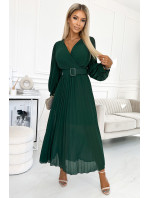 KLARA - Lahvově zelené dámské šaty s výstřihem a opaskem 414-1