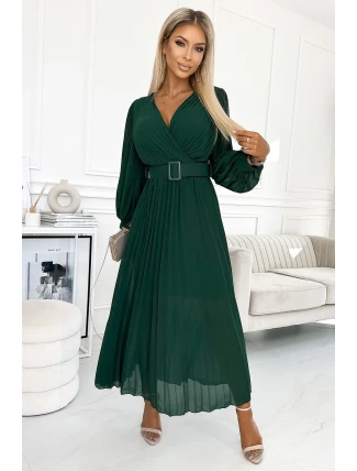 414-1 KLARA plisované šaty s páskem a výstřihem - BOTTLE GREEN