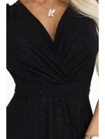 581-1 JENNIFER lesklé dlouhé šaty s rukávy a výstřihem - ČERNÉ S BROKEREM