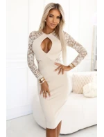 621-1 Tužkové šaty s krajkovými rukávy a smyslným výstřihem - béžové 621-1 Tužkové šaty s krajkovými rukávy a smyslným výstřihem - béžové